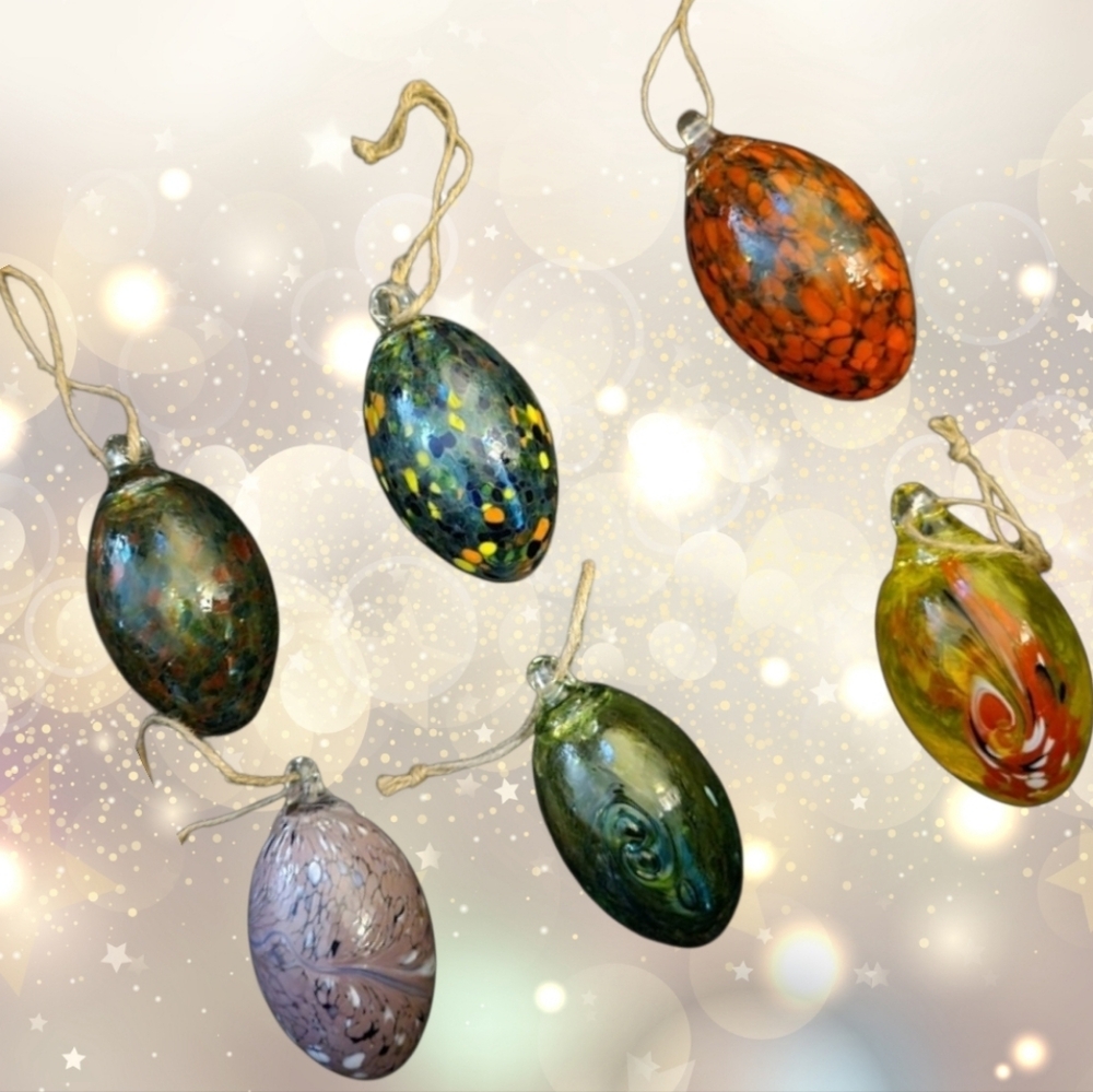 ☆NIB (6) Hand-blown Glass Egg Shape Ornaments Art Speckled & Swirled Patterns - Picture 3 of 16